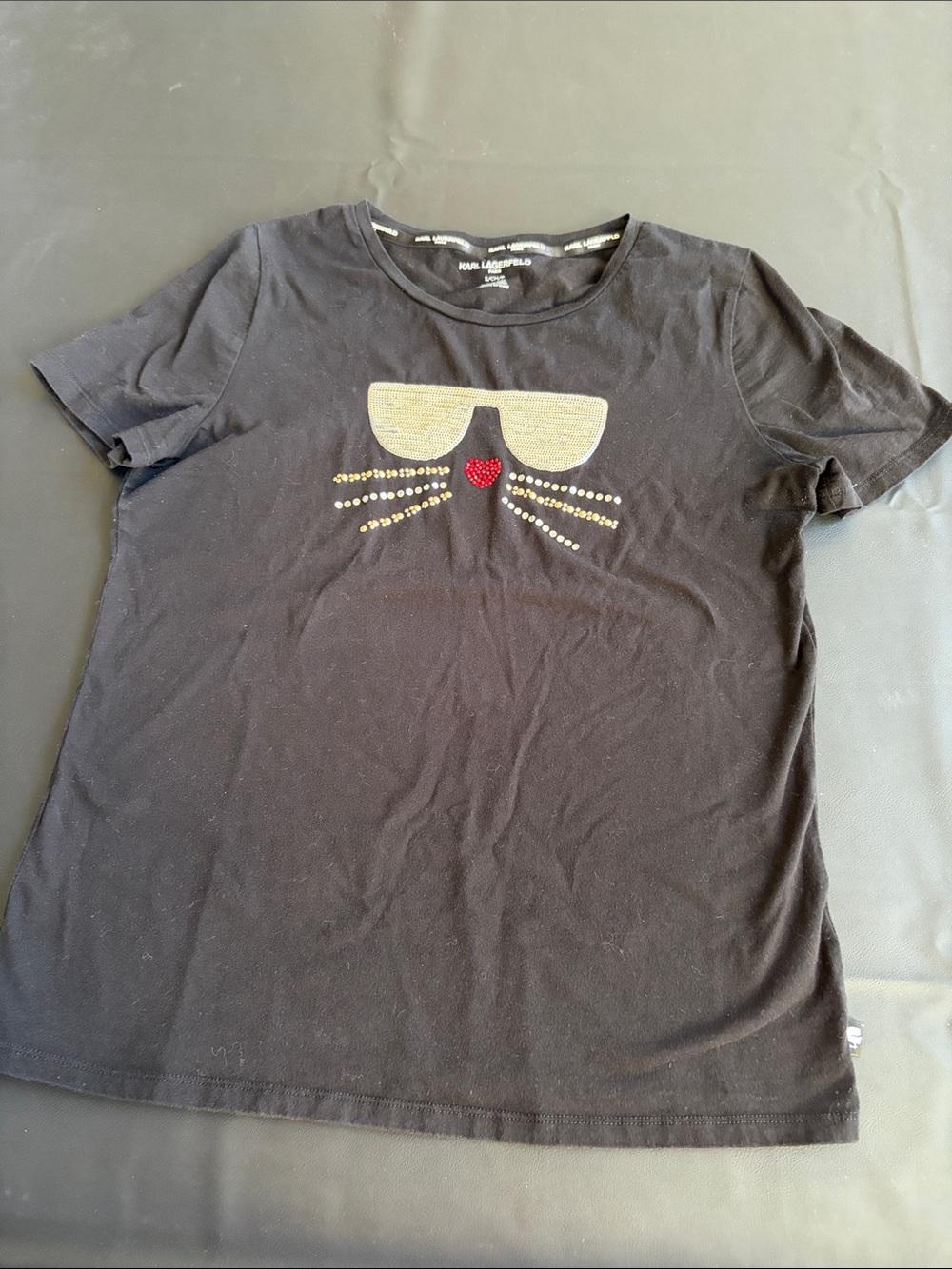 Karl Lagerfeld Paris Black Rhinestone Cat Graphic Tee Size S